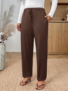 SHEIN Frenchy 大尺碼度假風純色打結休閒長褲，附口袋 - 棕色 - 查看 1
