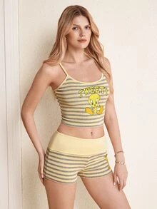 LOONEY TUNES X SHEIN Setelan 2 Potong Atasan Camisole Crop Bergaris dan Celana Pendek untuk Wanita - Kuning muda - View 5