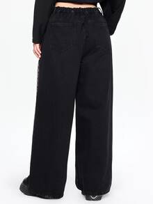 ROMWE Dark Gothic Street Style Vintage Washed Loose Comfortable Plus Size Denim Jeans - Black - View 7