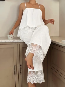 Dazy Plus Romantic Vacation Floral Textured Fabric Lace Patchwork Sleeveless Top & Long Pants Pajama Set - White - View 5