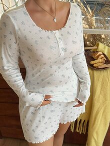 Dazy Plus 2pcs Ditsy Floral Shorts Pajama Set, Spring Summer Autumn - Apricot - View 8