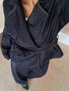 Dazy Plus Loose Tie-Up Lapel Long Sleeve Denim Top And Pants Casual Spring Summer Autumn New Denim Two Pieces Set - Dark Wash - View 6