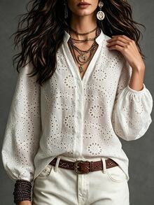 Trelyra Women's Fashion Casual Hollow Embroidery Long Sleeve Blouse - White - View 4