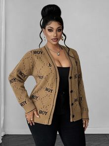 Maweii Plus Size Women's Letter Print Casual Versatile Everyday Cardigan Winter - Mocha Brown - View 2