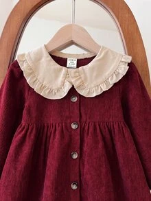SHEIN Baby Girl Contrast Color Peter Pan Collar Front Button Dress - Red - View 8