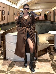 Livesso Brown Lapel Leather Patchwork Lace-Up Belt Slim Fit Long Sleeve Elegant Fashion Mid-Length Overcoat - Coffee Brown - View 1