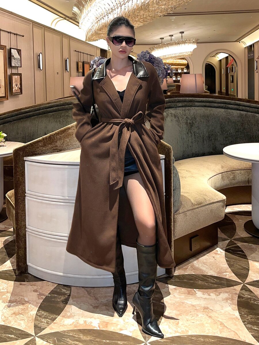 Livesso Brown Lapel Leather Patchwork Lace-Up Belt Slim Fit Long Sleeve Elegant Fashion Mid-Length Overcoat - Coffee Brown - View 1