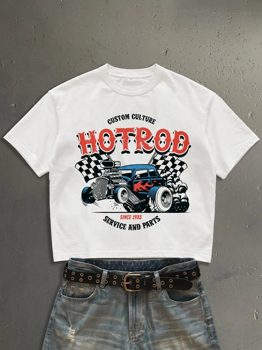 StoneGrade 男士白色美式復古 HotRod 賽車印花短版寬鬆短袖 T 恤,復古改裝車印花搭配短版剪裁,瞬間提升美式街頭風 - 白色 - 查看 1