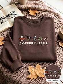 INAWLY Sweatshirt Kasual Lengan Panjang Kerah Bulat dengan Bordir Huruf untuk Wanita - Chocolate Brown - View 1