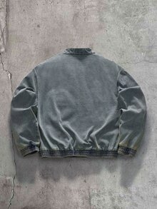 AXEPEAK Men's Washed Denim Jacket With Patch Embroidery And Elastic Cuffs - Blue - View 2