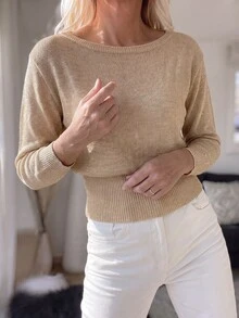 Sprig & Strand Atasan Rajut Berkilau Halus Gaya Elegan Dewasa Musim Semi/Gugur, Leher Persegi, Bahu Jatuh, Lengan Panjang, Pinggang Bergaris, Sweater Pendek, Gaya Minimalis Serbaguna Kelas Atas untuk Perjalanan Sehari-hari, Kencan, Pesta, Wanita - Khaki - View 4