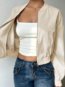 SHEIN LUNE Women's Solid Color Long Sleeve Zip-Up Baseball Jacket - Light Grey - View 6