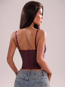 SHEIN BAE Atasan Korset Wanita Motif Renda PU Warna Burgundy Polos untuk Musim Gugur/Dingin - Burgundy - View 2