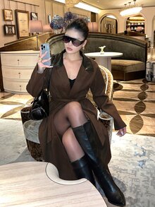 Livesso Brown Lapel Leather Patchwork Lace-Up Belt Slim Fit Long Sleeve Elegant Fashion Mid-Length Overcoat - Coffee Brown - View 3