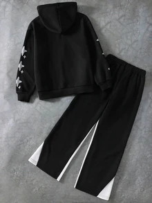 Casuvi Kids 2件組青少年男孩秋冬保暖內裡加厚時尚黑色印花連帽衛衣與黑色長褲套裝，柔軟舒適易穿著，適合戶外、運動、學校及各種場合，青少年男孩時尚連帽衛衣與運動長褲套裝 - 彩色 - 查看 2