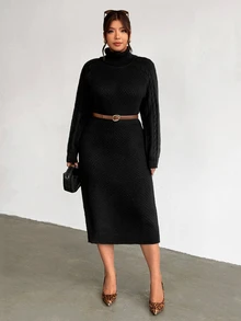 Firerie Vintage Chunky Cable Knit High Neck Plus Size Loose Slimming Long Sleeve Maxi Sweater Dress - Black - View 4
