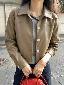 DAZY 女款純色寬鬆短版長袖翻領休閒街頭風韓式春秋PU夾克外套 - 卡其色 - 查看 7