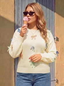 Vivid Eden Sweater Pullover Wanita Ukuran Besar Lengan Panjang Kerah Bulat dengan Hiasan Pita untuk Musim Dingin - Krem - View 1