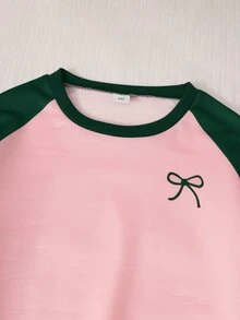 Sparklyn 青少年女孩粉色與酒紅色拼接落肩袖圓領運動衫與側條紋寬腿運動褲 2 件套，蝴蝶結印花休閒運動套裝 - 綠色 - 查看 4