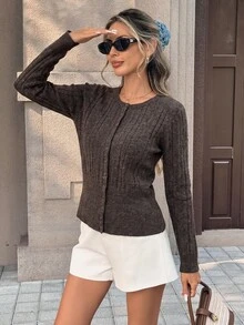 SHEIN Franclia French Henley Neck Vertical Rib Fitted Knit Cardigan, 1/14NM Baihua Fleece Soft Slim Cropped Sweater - Coffee Brown - View 4