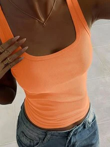 DAZY 女款休閒極簡羅紋背心上衣，適合日常穿著 - 亮橙色 - 查看 3