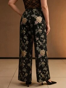 MOTF PREMIUM WOMEN'S PLUS SIZE FLORAL PATTERN WIDE LEG SUIT PANTS - Multicolor - View 4