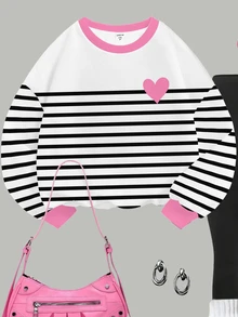 Tween女孩休閒極簡時尚經典黑白條紋配粉色Logo愛心圖案圓領長袖衛衣與內搭褲2件套，適合秋冬Y2K、Chill、舒適秋季與冬季風格，時髦秋季 - 彩色 - 查看 4