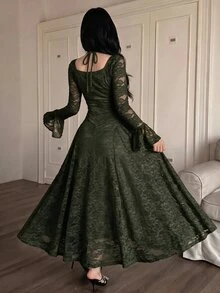 Feyla 女款蕾絲百褶優雅收腰中長洋裝派對禮服 - 軍綠色 - 查看 2