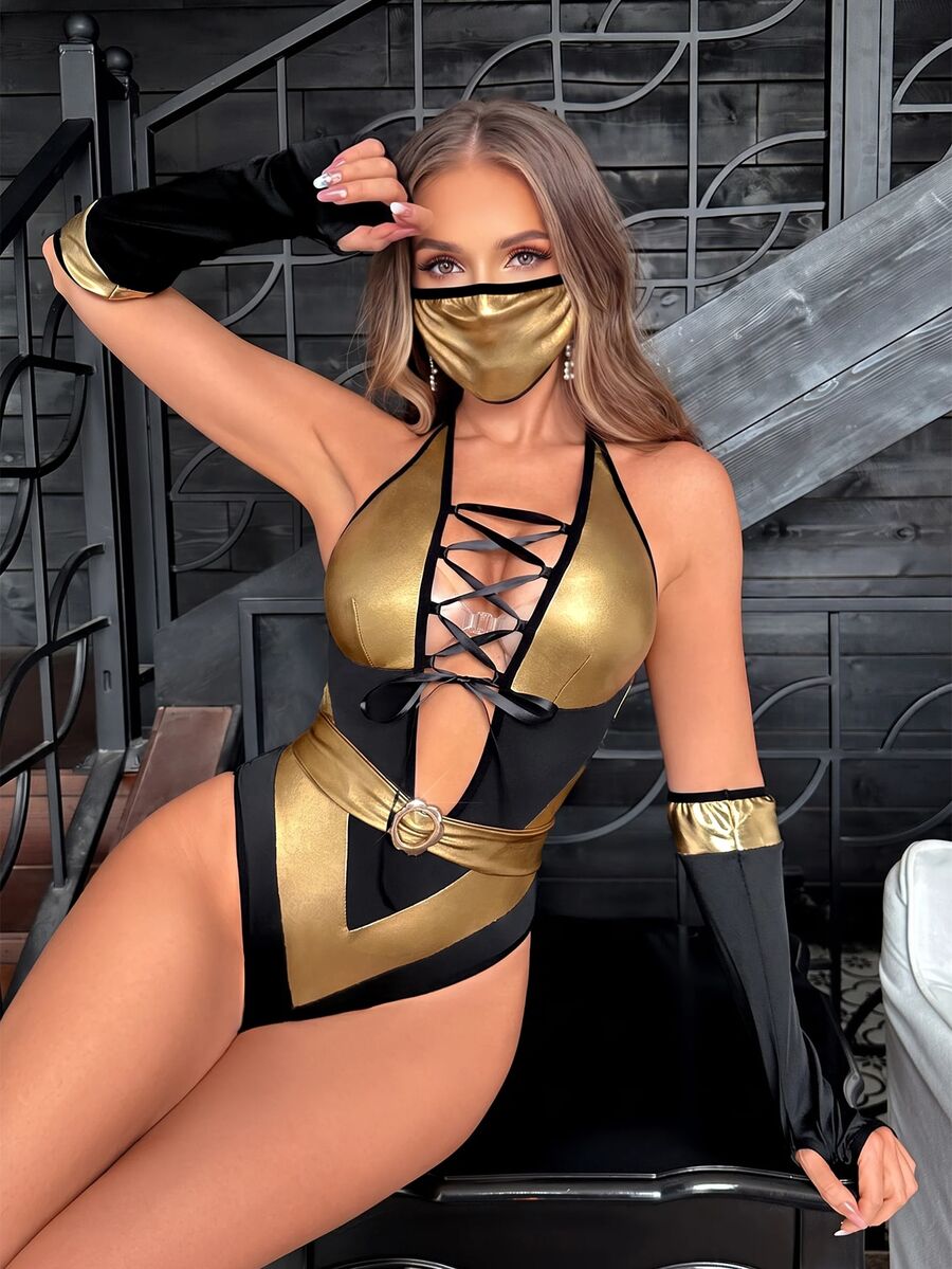 Fantasy Costume Fantasy Costume 女款 4 件組拼色幻想風格套裝 - 金色 - 查看 1