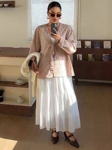 Dazy Plus Commuter Summer Autumn V-Neck Tie-Up Embroidered Fabric Pink Loose Regular Fit Jacket - Pink - View 4