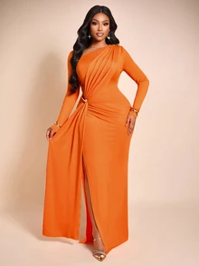 Brilight Mature Elegant Dress Long Sleeve Waist Twist Ruched Metal Buckle Draped Slit Formal Gown Wedding Dinner Cocktail Halloween Burnt Orange Fall - Orange - View 11