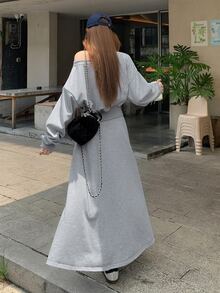 DAZY Women's Asymmetric Shoulder Casual Solid Color Long Sleeve Sweatshirt And Skirt 2 Pieces Set, Korean Style Fall - Grey - View 2