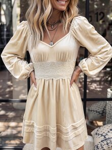 LanaWest Women's Sweetheart Neck Lantern Sleeve Contrast Lace Fashion Short Dress - Apricot - View 6