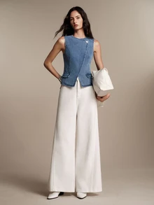 Anewsta Essential Spring/Summer Commute French Style Denim Waist-Cinching Sleeveless Light Blue Vest - Baby Blue - View 7
