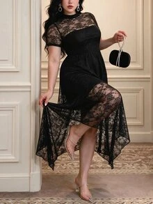 Vibekara Fashionable Elegant High Neck Mesh Elastic Dress - Black - View 1