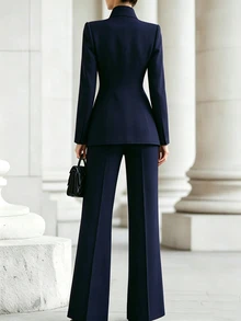 RosyDaze Women's Elegant Commute Exquisite High Neck Blazer And Wide Leg Pants Set - Navy Blue - View 2