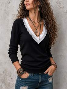 SHEIN Women's Contrast Color V-Neck Long Sleeve Casual Versatile Sweater - Black - View 6