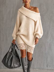 SHEIN Women's Autumn/Winter Thick Knit Off-Shoulder Off-Shoulder Sweater Dress - Apricot - View 1