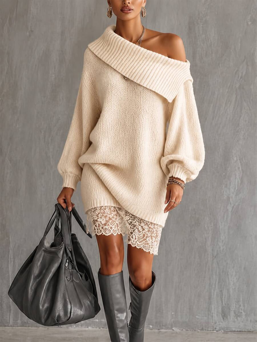 SHEIN Women's Autumn/Winter Thick Knit Off-Shoulder Off-Shoulder Sweater Dress - Apricot - View 1