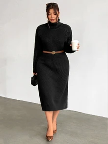 Firerie Vintage Chunky Cable Knit High Neck Plus Size Loose Slimming Long Sleeve Maxi Sweater Dress - Black - View 5