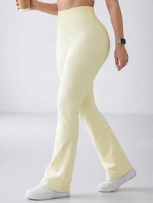 Easithlete Easithlete Plus Size Women Solid Color High Waist Daily Fitness Sports Flare Leggings Pilates Sports Butter Yellow Summer - Beige - View 3