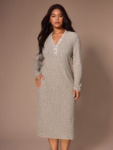 Lazeform Minimalist Solid Color Button-Front Ribbed Knit Plus Size Long Nightgown - Khaki - View 5