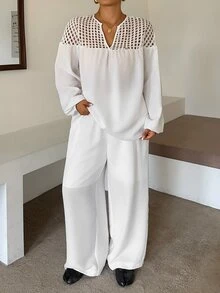 Livesso Curve Hollow Mesh Patchwork Pullover Top And Loose Long Pants Vacation Style Urban Casual Two Pieces Set - White - View 6