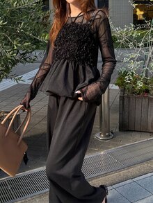 FRIFUL Women's Autumn Solid Color Contrast Mesh & Fur Fabric Long Pants 2 Pieces Set - Black - View 4