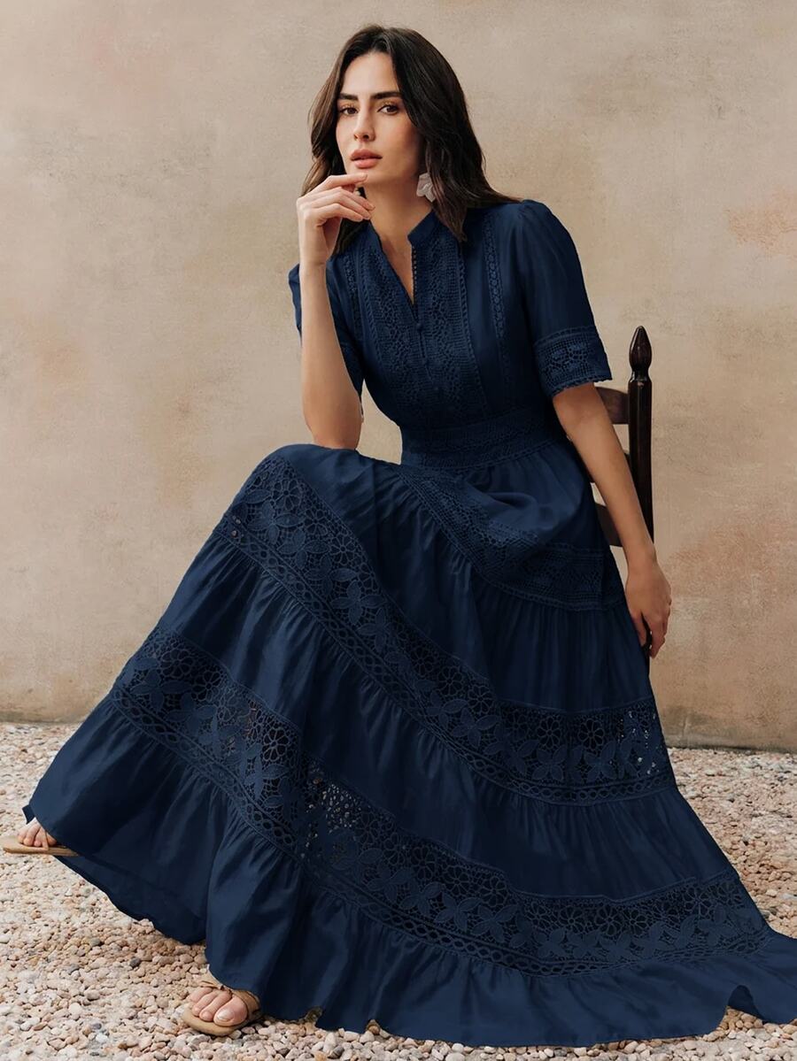 Anewsta Solid Color Elegant Lace Patchwork Round Neck Waist-Cinching Hollow Crochet Short Sleeve Flared Women's Dress - Navy Blue - View 1