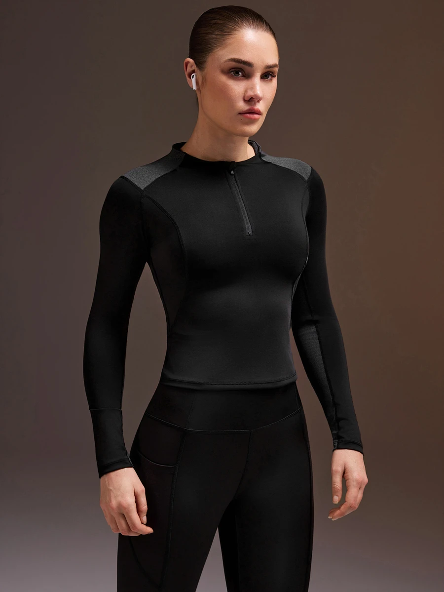 Powerista Women's Black & Gray Slim Fit Patchwork Long Sleeve Sports T-Shirt - Black - View 1