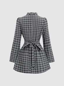 Sweetra New French Sweet Academic Style Plaid Dress, Slight High Neck, Pleated Design, Delicate Button Decor, Unique Tie Waist, Slimming, Spring/Summer Short Petal Sleeve, Simple Versatile Women's Dress - Coffee Brown - View 2