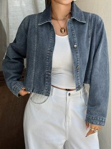 Dazy Plus Washed Denim Cropped Short Sleeve Collared Top Street Style Plus Size Women Spring Summer Blogger Denim Shirt - Medium Wash - View 7