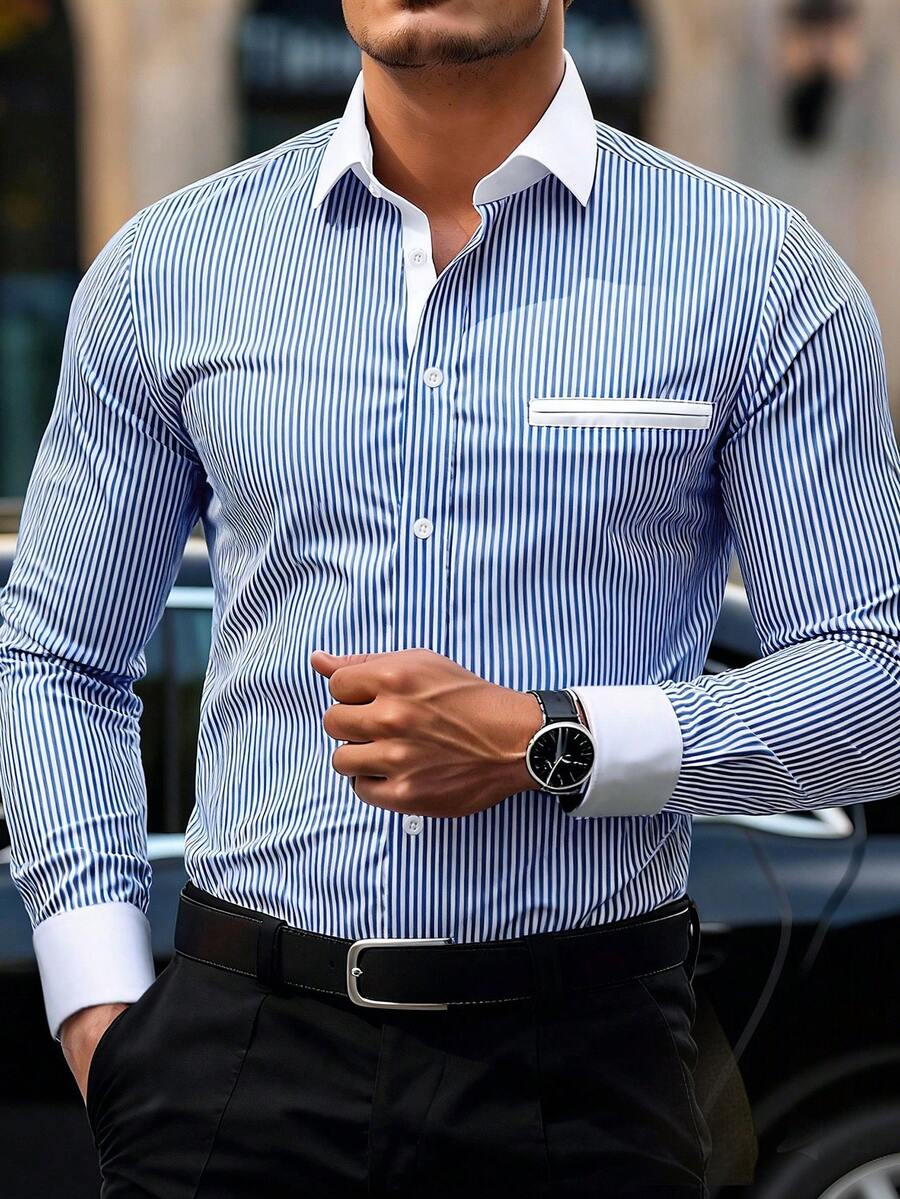 Manfinity Homme Plus Size Men's Striped Casual Long Sleeve Shirt For Daily Wear - Multicolor - View 1