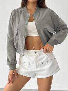 SHEIN Unity Women's Solid Color Dropped Shoulder Long Sleeve Single-Breasted Casual Utility Pocket Lightweight Baseball Jacket - Grey - View 5